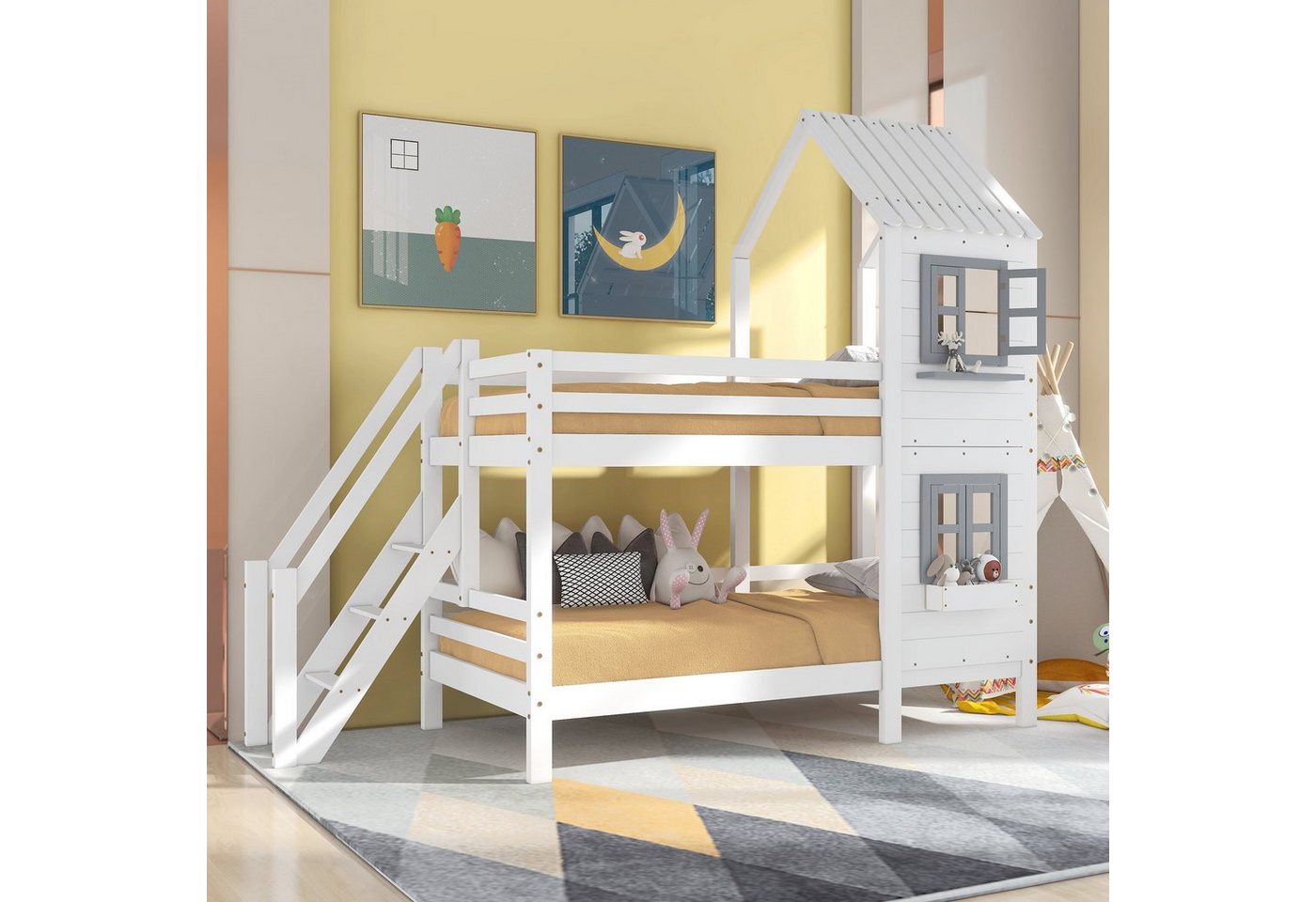 SOFTWEARY Etagenbett mit 2 Schlafgelegenheiten und Rollrost (90x200 cm), Kinderbett mit Rausfallschutz, Kiefer von SOFTWEARY
