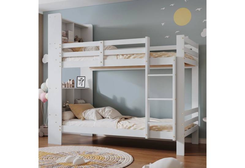 SOFTWEARY Etagenbett Kinderbett mit 2 Schlafgelegenheiten, Lattenrost, Leiter und Regal (90x200 cm), Holzbett aus Kiefer, Hochbett inkl. Rausfallschutz von SOFTWEARY