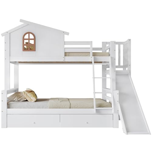 SOFTWEARY Etagenbett mit 2 Liegeflächen, Lattenrost, Rutsche, Leiter und Schubladen, 90x200cm/120x200cm, Kinderbett, Spielbett, Kiefer (weiß, mit Rutsche) von SOFTWEARY