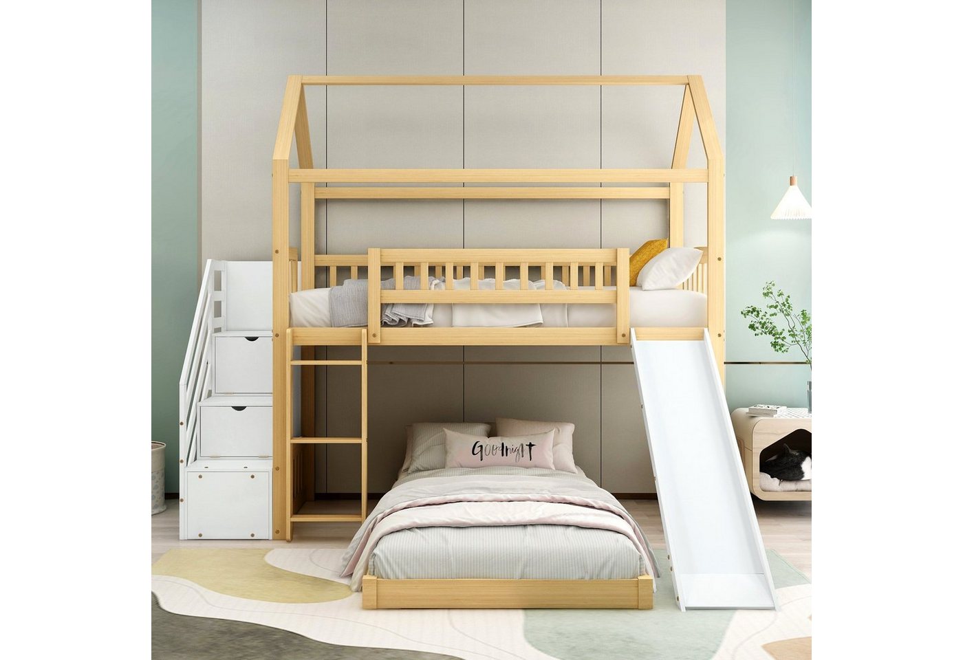 SOFTWEARY Etagenbett mit 2 Liegeflächen, Lattenrost und Rutsche (90x200 cm), Kinderbett inkl. Rausfallschutz, Kiefer von SOFTWEARY