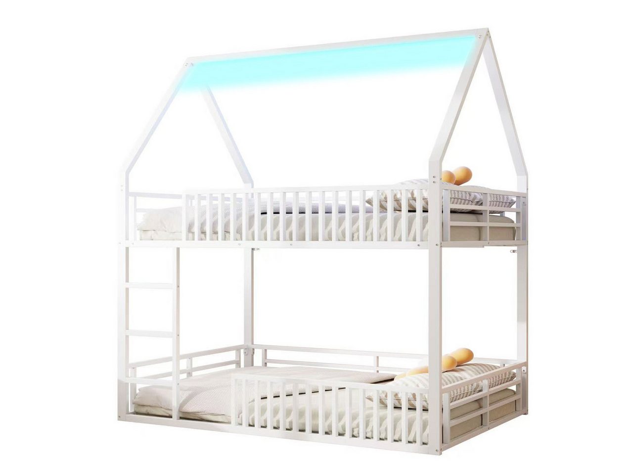 SOFTWEARY Etagenbett mit 2 Liegeflächen und LED-Streifen (140x200 cm), Kinderbett mit Rausfallschutz und Leiter, Jugendbett, Metallbett von SOFTWEARY