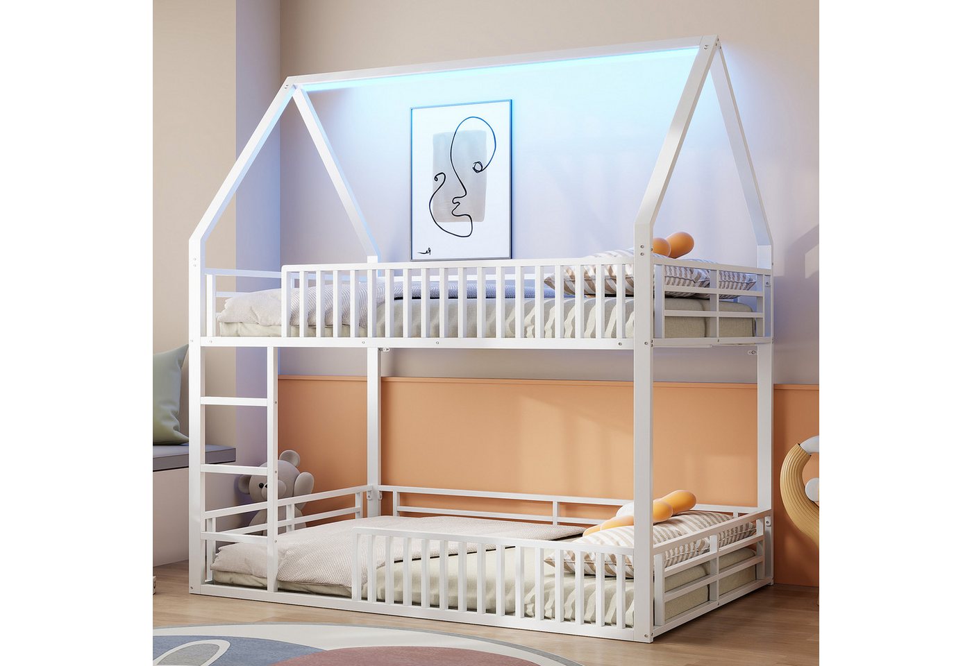 SOFTWEARY Etagenbett mit 2 Liegeflächen und LED-Streifen (140x200 cm), Kinderbett mit Rausfallschutz und Leiter, Jugendbett, Metallbett von SOFTWEARY