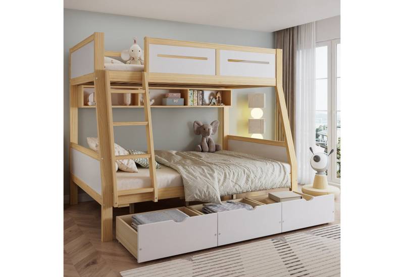 SOFTWEARY Etagenbett mit 2 Liegeflächen und Lattenrost (90x200cm/120x200cm, Regal und Schubladen), Kinderbett mit Rausfallschutz, Kiefer von SOFTWEARY