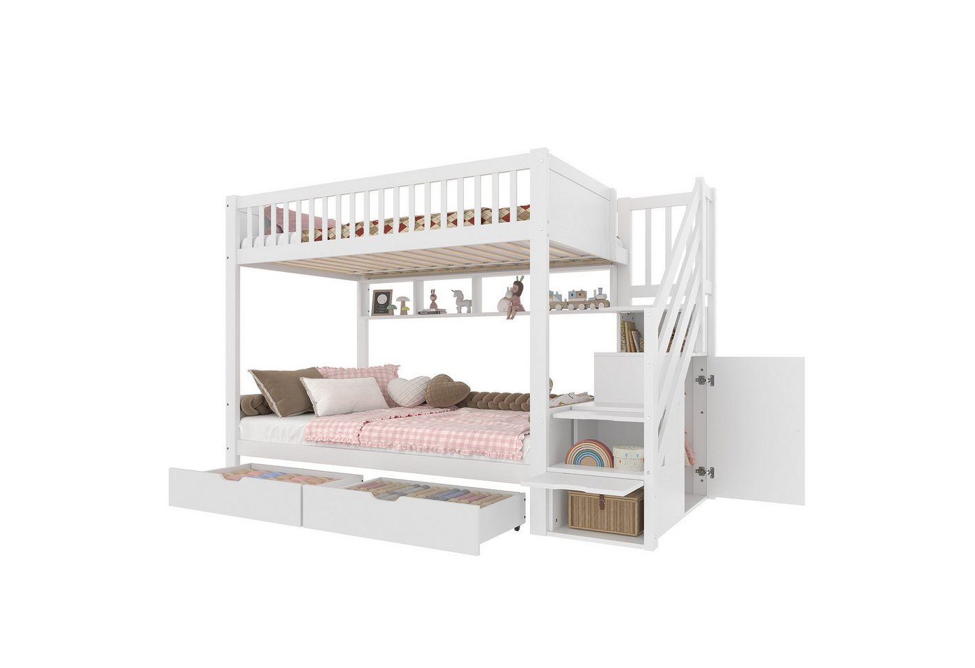 SOFTWEARY Etagenbett mit 2 Liegeflächen und Stauraum (90x200 cm, mit Schubladen), Kinderbett mit Regal, Kleiderschrank und Rausfallschutz, Kiefer von SOFTWEARY