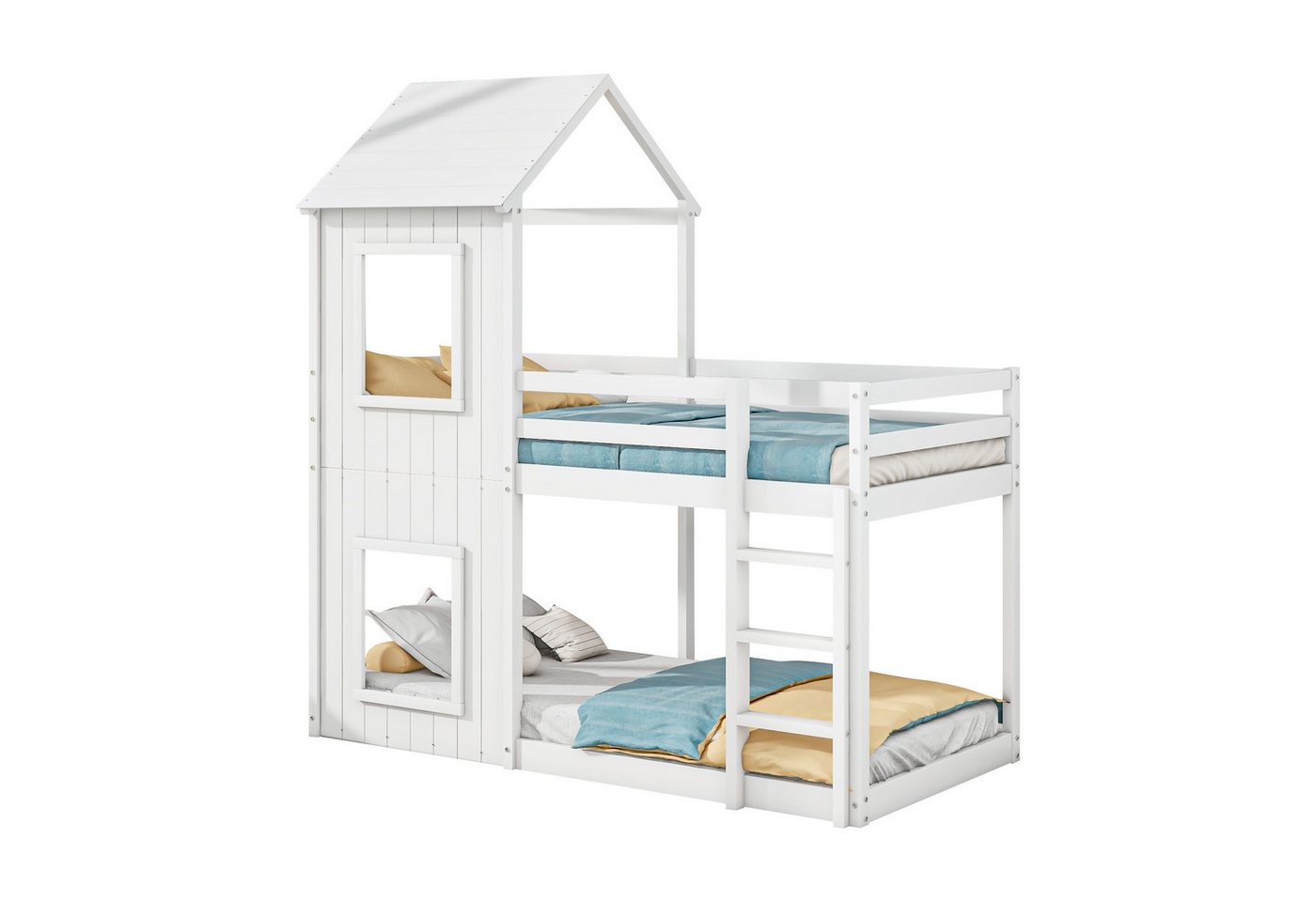 SOFTWEARY Etagenbett mit 2 Schlafgelegenheiten, Lattenrost und Leiter (90x200 cm), Kiefer, Hausbett inkl. Rausfallschutz, Kinderbett von SOFTWEARY