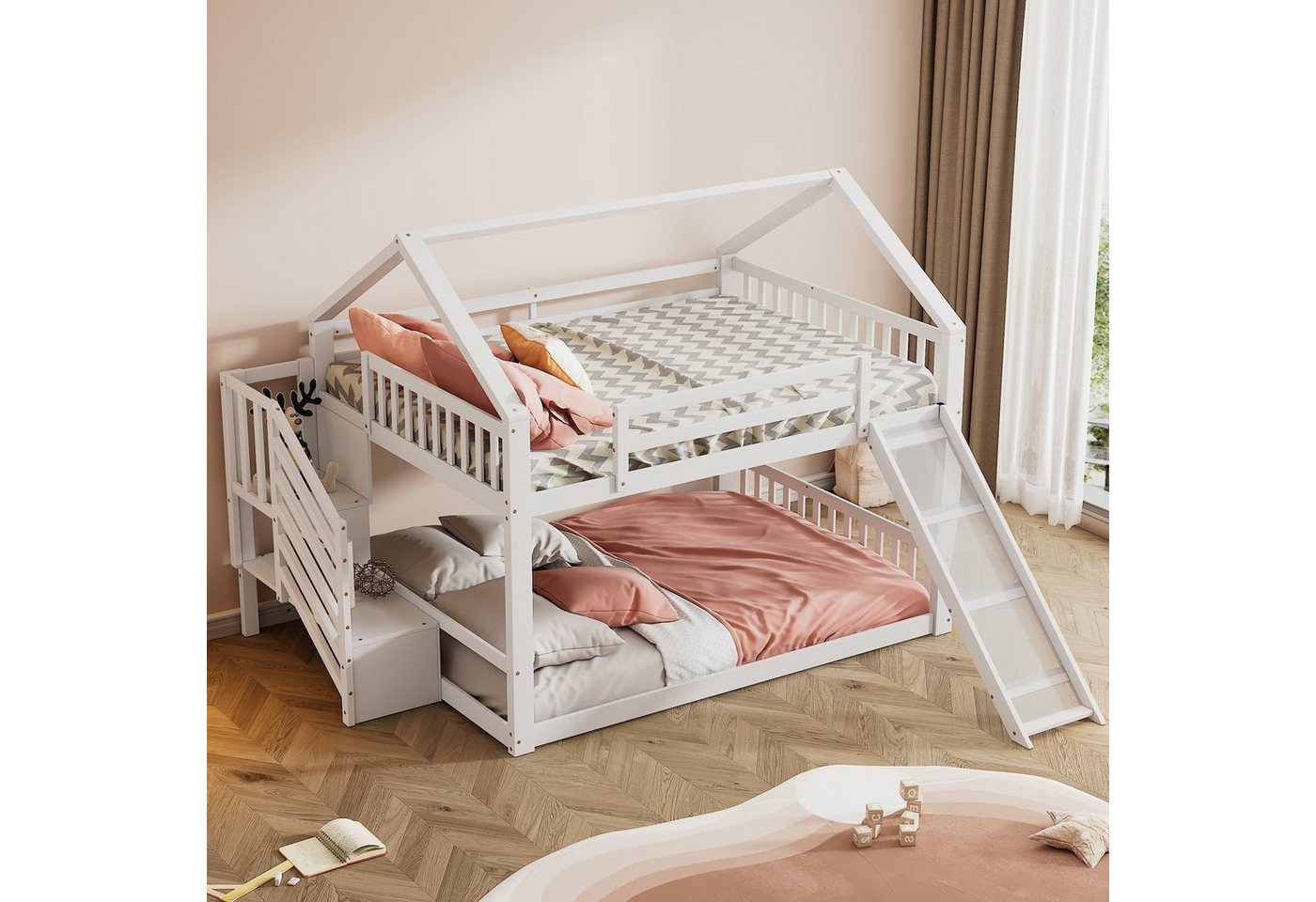 SOFTWEARY Etagenbett mit 2 Schlafgelegenheiten und Lattenrost (140x200 cm), Kinderbett inkl. Rausfallschutz, Kiefer von SOFTWEARY