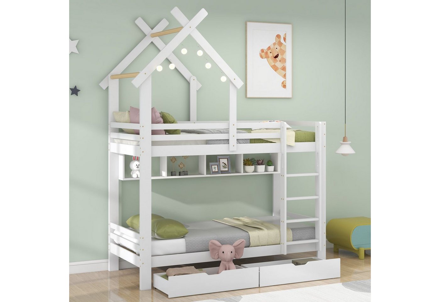 SOFTWEARY Etagenbett mit 2 Schlafgelegenheiten und Lattenrost (90x200 cm), Hausbett inkl. Rausfallschutz, Kiefer von SOFTWEARY