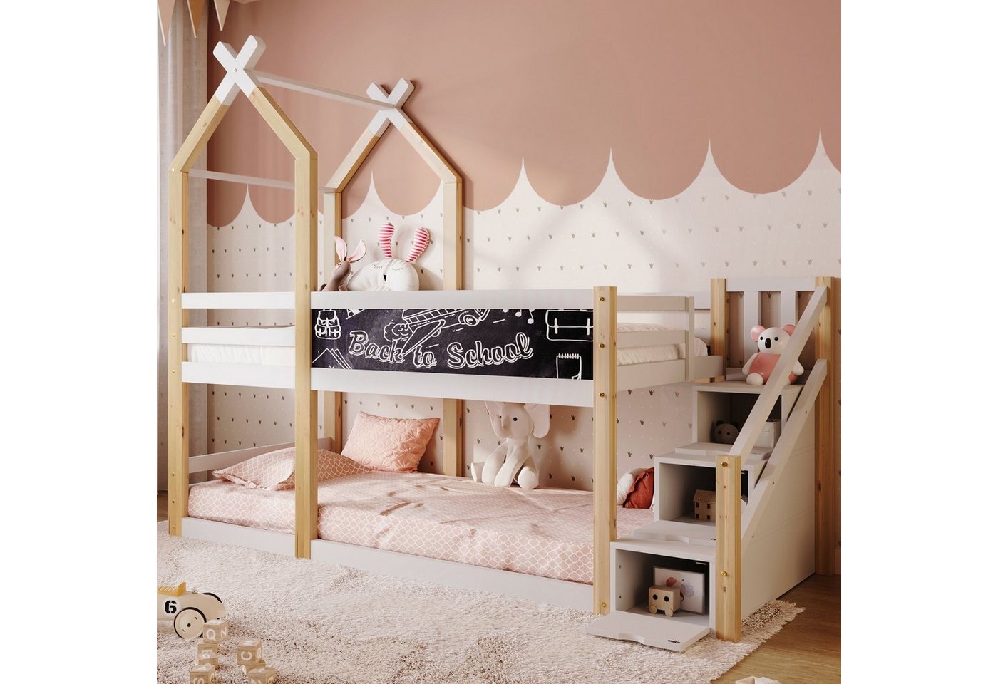 SOFTWEARY Etagenbett mit 2 Schlafgelegenheiten und Lattenrost (90x200 cm), Kinderbett mit Rausfallschutz, Kiefer von SOFTWEARY