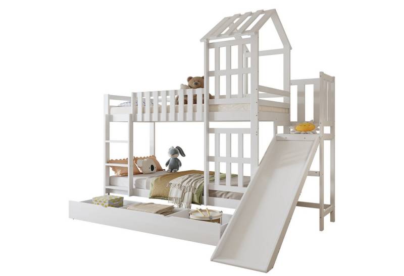 SOFTWEARY Etagenbett mit 2 Schlafgelegenheiten und Lattenrost (90x200 cm), Kinderbett mit Rutsche, Schubladen und Rausfallschutz, Kiefer von SOFTWEARY