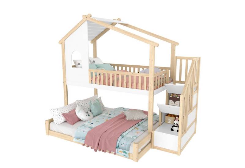 SOFTWEARY Etagenbett mit 2 Schlafgelegenheiten und Stauraum (90x200cm/140x200cm), Kinderbett mit Treppe und Rausfallschutz, Kiefer von SOFTWEARY