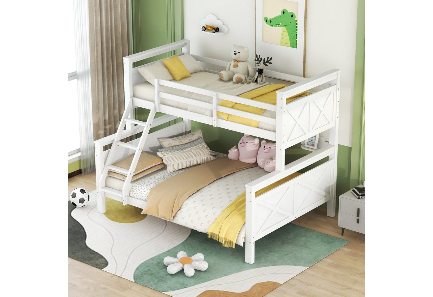 SOFTWEARY Etagenbett mit 2 Schlafgelegenheiten und Lattenrost (90x200 cm/140x200 cm), Kinderbett mit Rausfallschutz, Kiefer von SOFTWEARY
