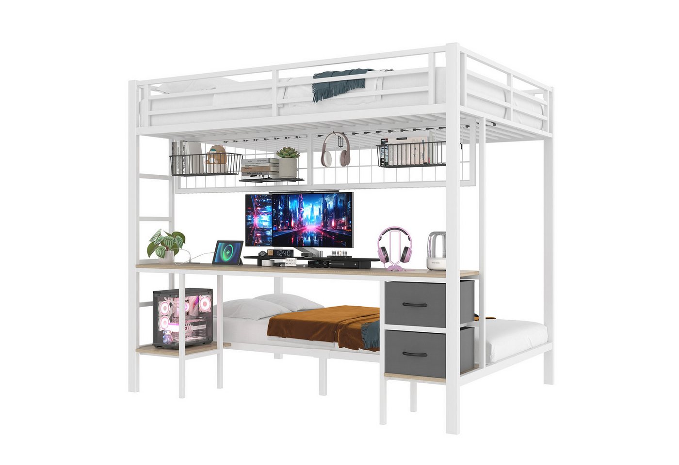 SOFTWEARY Etagenbett mit Schreibtisch und LED-Beleuchtung (90x200cm/140x200cm), Metallbett mit Rausfallschutz, Jugendbett von SOFTWEARY