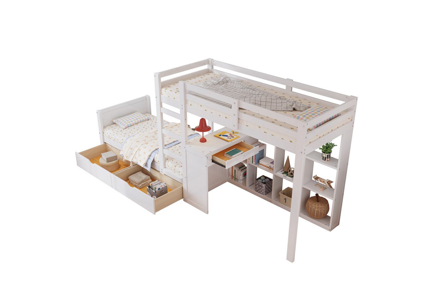 SOFTWEARY Etagenbett mit Schreibtisch und Stauraum (90x200 cm), Kinderbett mit Regal, Lattenrost und Rausfallschutz, Kiefer von SOFTWEARY