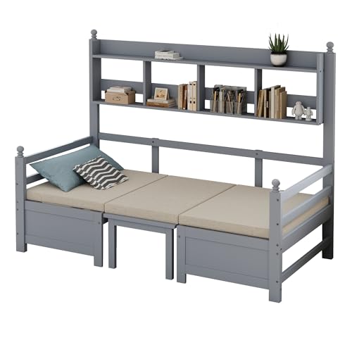 SOFTWEARY Funktionsbett mit Bettfunktion, Liegefläche umbaubar zur Sitzgruppe, Einzelbett mit Regal, Holzbett, Gästebett (grau, 90x200 cm) von SOFTWEARY