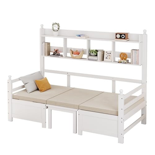 SOFTWEARY Funktionsbett mit Bettfunktion, Liegefläche umbaubar zur Sitzgruppe, Einzelbett mit Regal, Holzbett, Gästebett (weiß, 90x200 cm) von SOFTWEARY