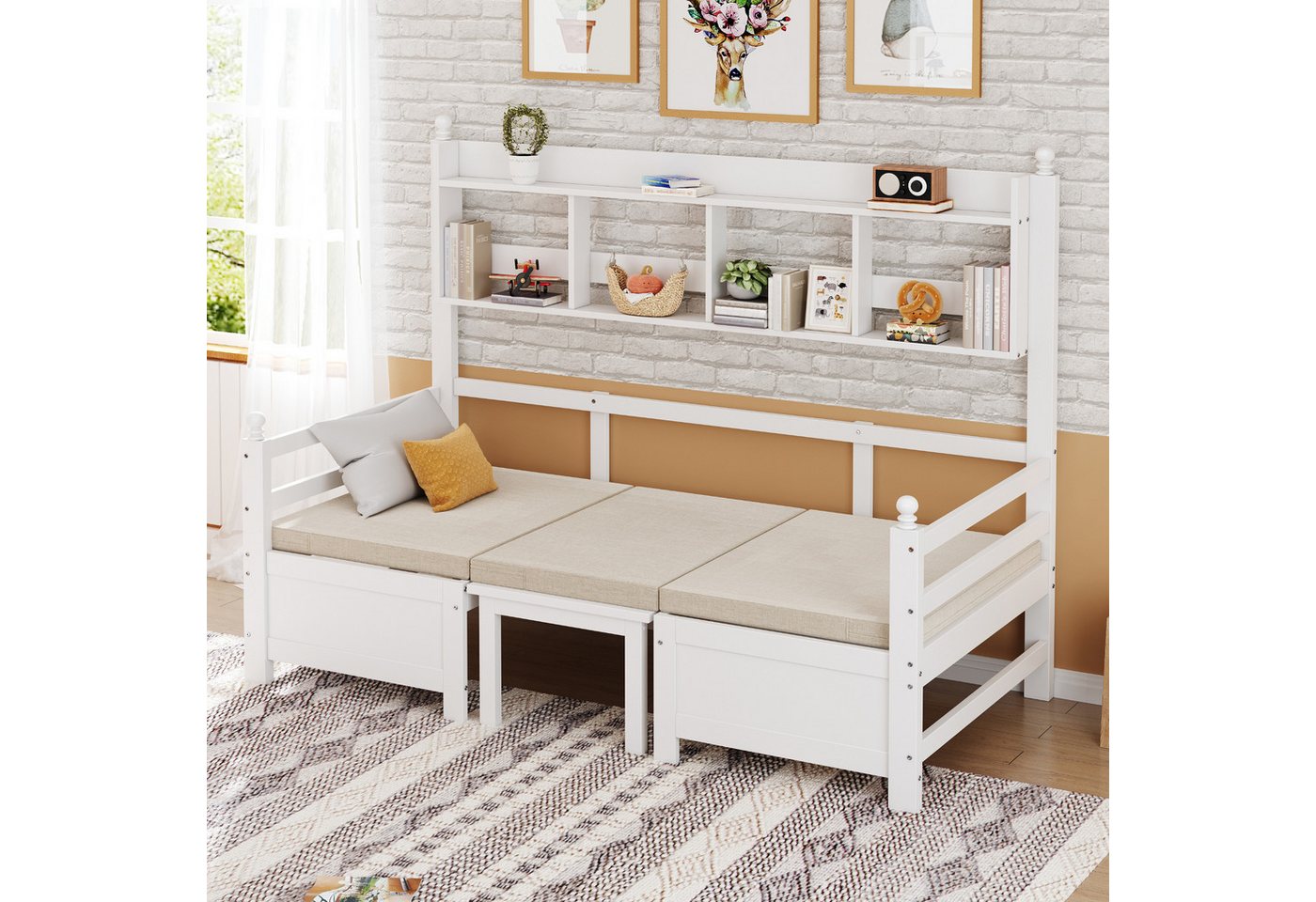 SOFTWEARY Funktionsbett mit Bettfunktion, Liegefläche umbaubar zur Sitzgruppe (90x200 cm), Einzelbett mit Regal, Holzbett, Gästebett von SOFTWEARY