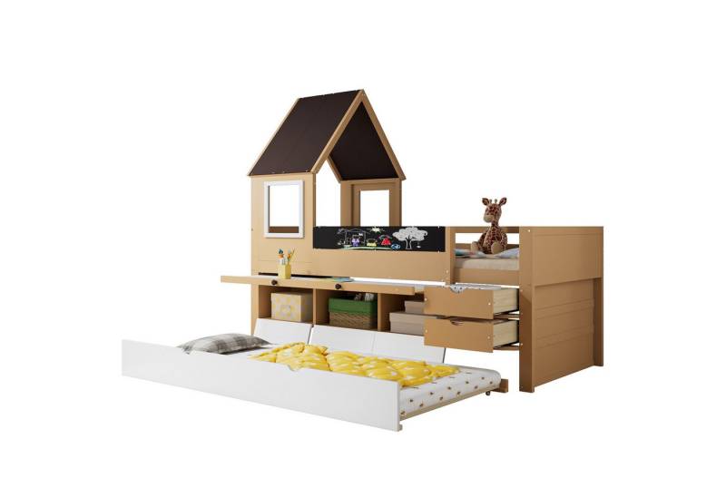 SOFTWEARY Hausbett mit Gästebett und Stauraum (90x200 cm), Hochbett, Kinderbett mit Rausfallschutz, Jugendbett, Kiefer von SOFTWEARY