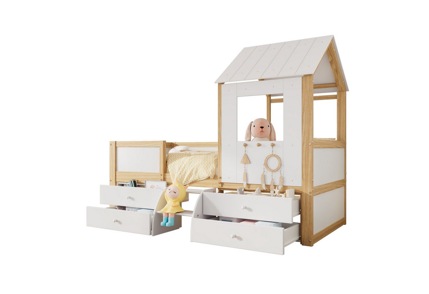 SOFTWEARY Hausbett mit Rausfallschutz und Lattenrost, (90x200 cm), Kinderbett mit Schubladen, Kiefer von SOFTWEARY