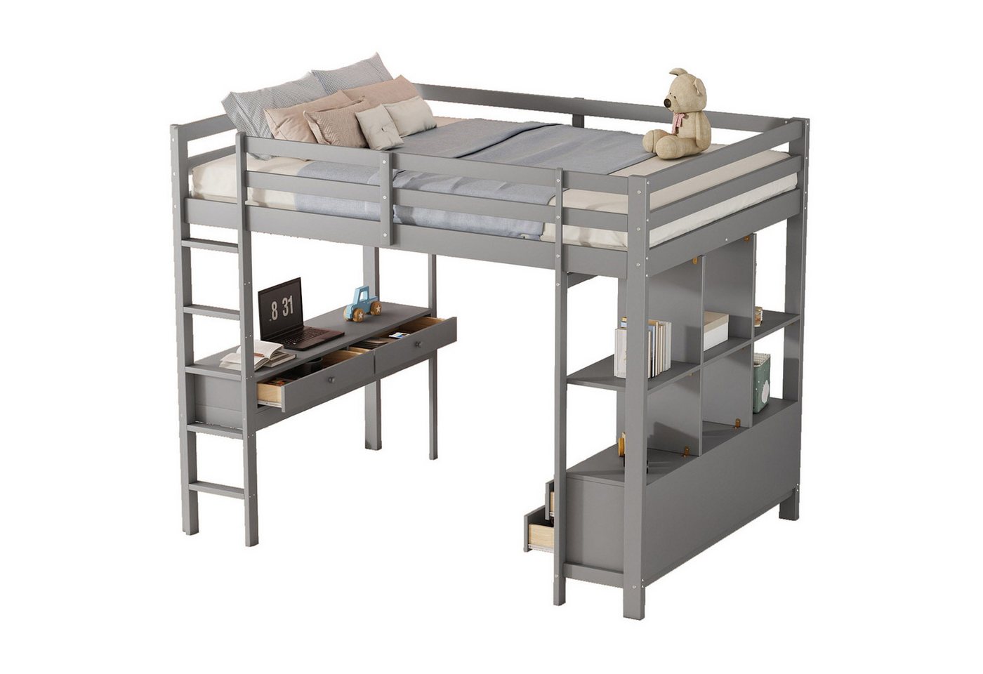SOFTWEARY Hochbett (Doppelbett mit Lattenrost, Schreibtisch und Rausfallschutz, 140x200 cm) Jugendbett, Kiefer von SOFTWEARY