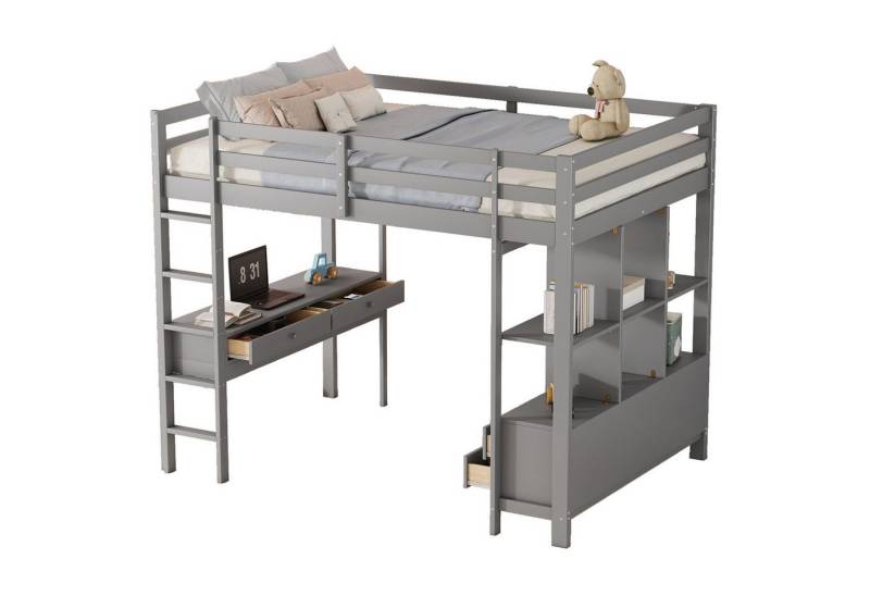 SOFTWEARY Hochbett (Doppelbett mit Lattenrost, Schreibtisch und Rausfallschutz, 140x200 cm) Jugendbett, Kiefer von SOFTWEARY