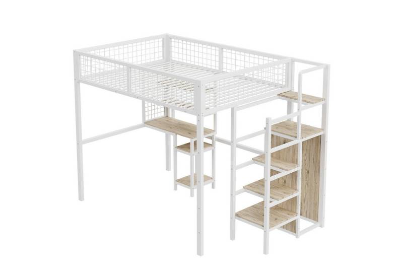 SOFTWEARY Hochbett (mit Schreibtisch und Kleiderschrank, 140x200 cm) Metallbett mit Rausfallschutz und Lattenrost von SOFTWEARY