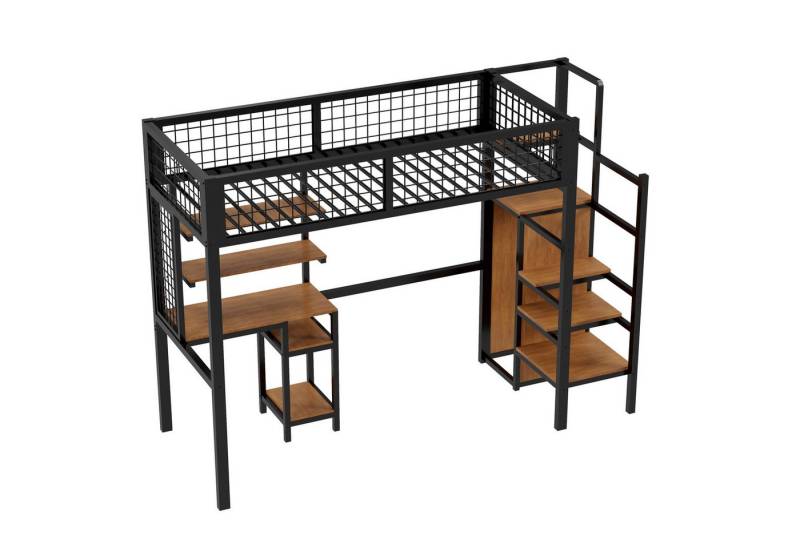 SOFTWEARY Hochbett (mit Schreibtisch und Kleiderschrank, 90x200 cm) Metallbett mit Rausfallschutz und Lattenrost von SOFTWEARY