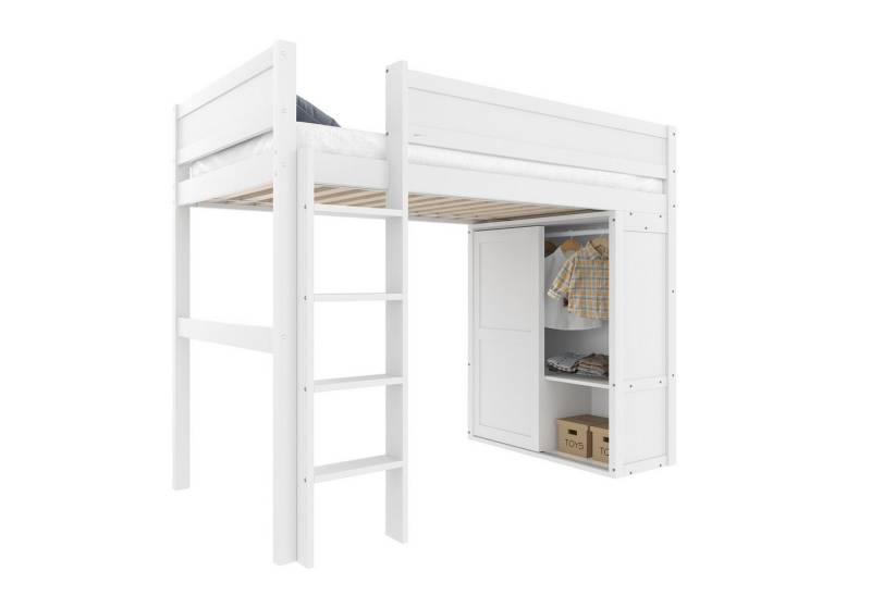 SOFTWEARY Hochbett mit Kleiderschrank (90x200 cm) Kinderbett mit Lattenrost und Rausfallschutz, Kiefer von SOFTWEARY