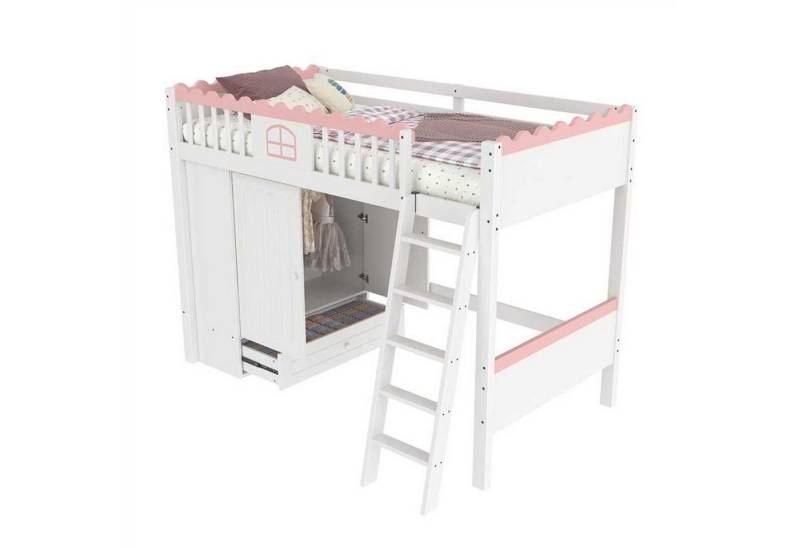 SOFTWEARY Hochbett mit LED-Beleuchtung (mit Kleiderschrank, 90x200 cm) Kinderbett mit Rausfallschutz und Trittleiter, Kiefer von SOFTWEARY