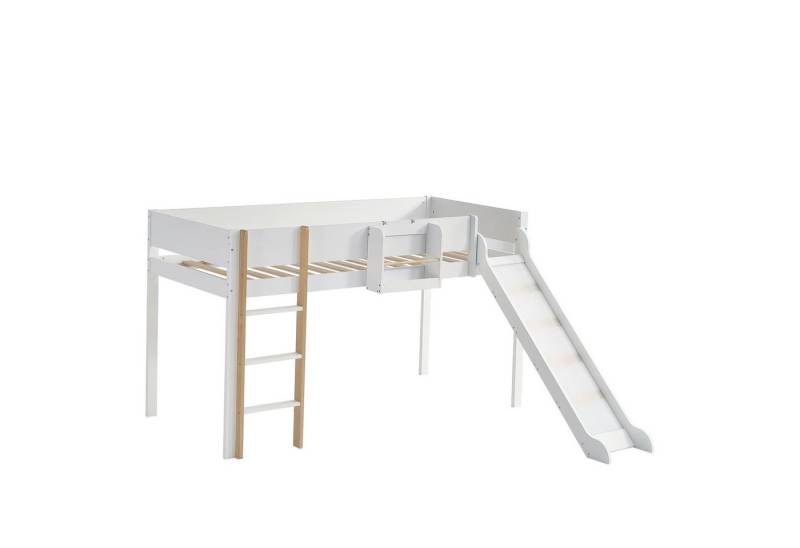SOFTWEARY Hochbett mit Lattenrost, Leiter und Rusche, 90x200 cm Kinderbett mit Rausfallschutz, Einzelbett von SOFTWEARY