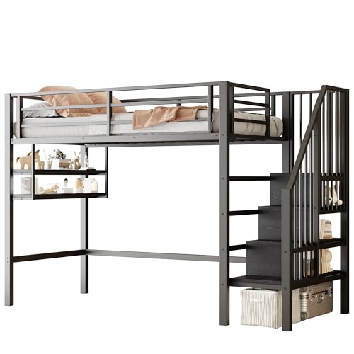SOFTWEARY Hochbett mit Lattenrost, Regal und Treppe, Kinderbett mit Rausfallschutz, Jugendbett, Metallbett (schwarz, 90x200 cm) von SOFTWEARY