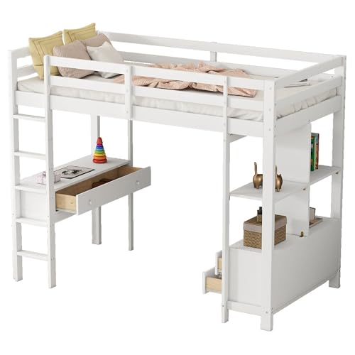 SOFTWEARY Hochbett mit Lattenrost, Schreibtisch, Leiter, Schubladen, Regalen und Rausfallschutz, 90x200 cm, Holzbett aus Kiefer, Einzelbett, Jugendbett von SOFTWEARY