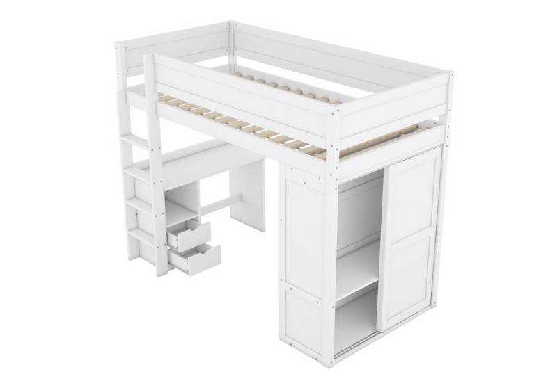 SOFTWEARY Hochbett mit Lattenrost, Schreibtisch und Kleiderschrank (90x200 cm) Kinderbett mit Rausfallschutz von SOFTWEARY