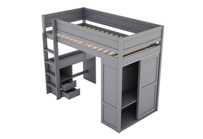 SOFTWEARY Hochbett mit Lattenrost, Schreibtisch und Kleiderschrank (90x200 cm) Kinderbett mit Rausfallschutz von SOFTWEARY