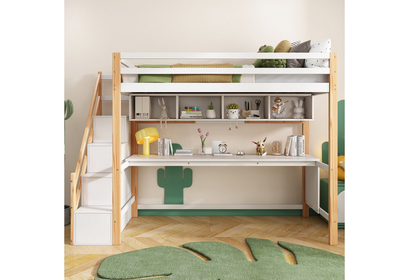 SOFTWEARY Hochbett mit Lattenrost, Stauraum und Schreibtisch (90x200 cm) Kinderbett mit Rausfallschutz, Kiefer von SOFTWEARY