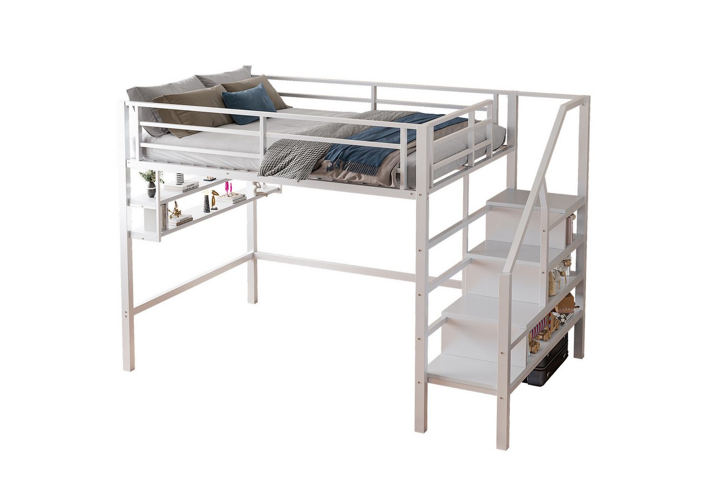 SOFTWEARY Hochbett mit Lattenrost (140x200 cm) Metallbett mit Rausfallschutz, Regal, Treppe von SOFTWEARY