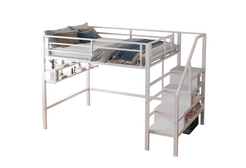 SOFTWEARY Hochbett mit Lattenrost (140x200 cm) Metallbett mit Rausfallschutz, Regal, Treppe von SOFTWEARY