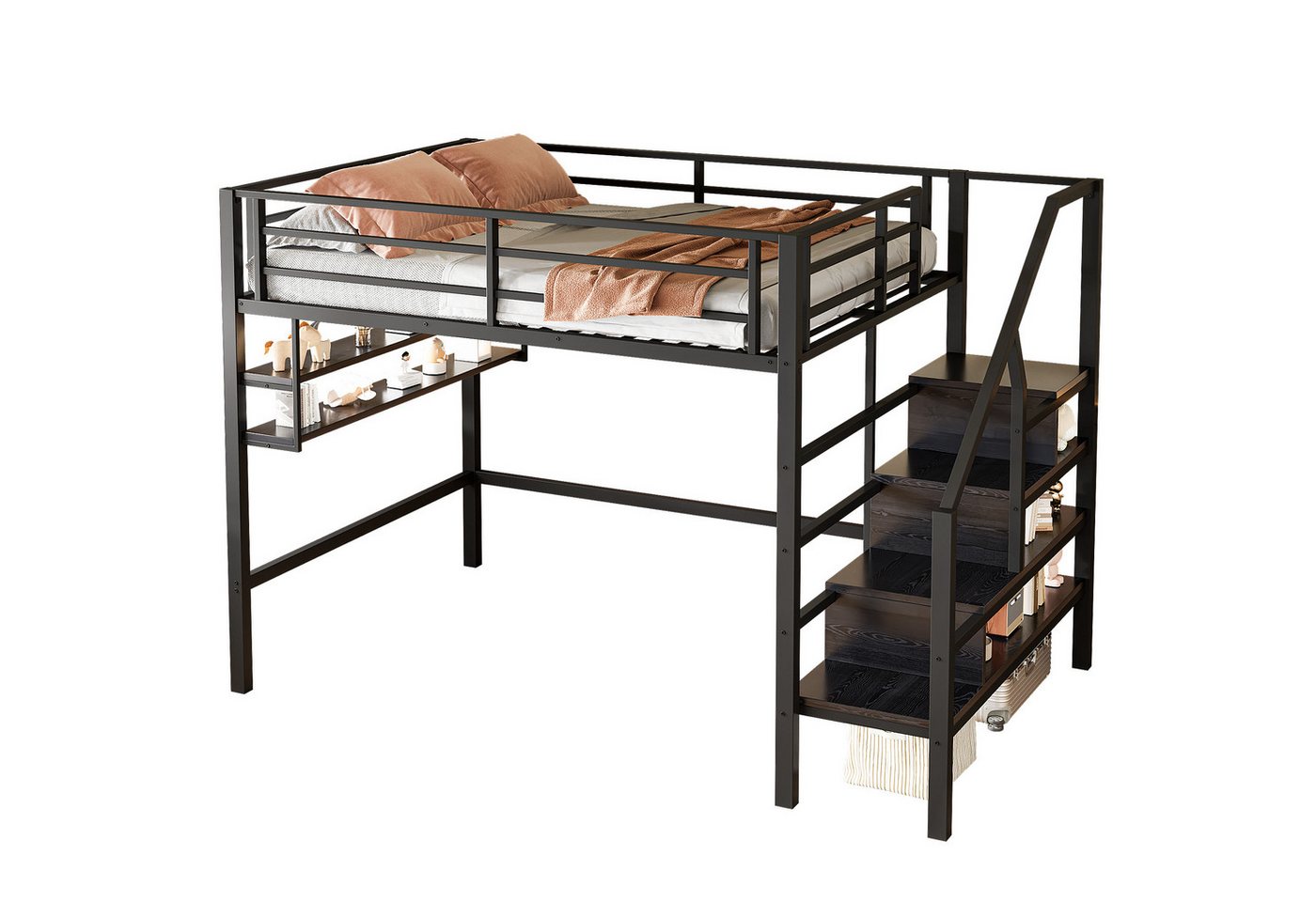 SOFTWEARY Hochbett mit Lattenrost (140x200 cm) Metallbett mit Rausfallschutz, Regal, Treppe von SOFTWEARY