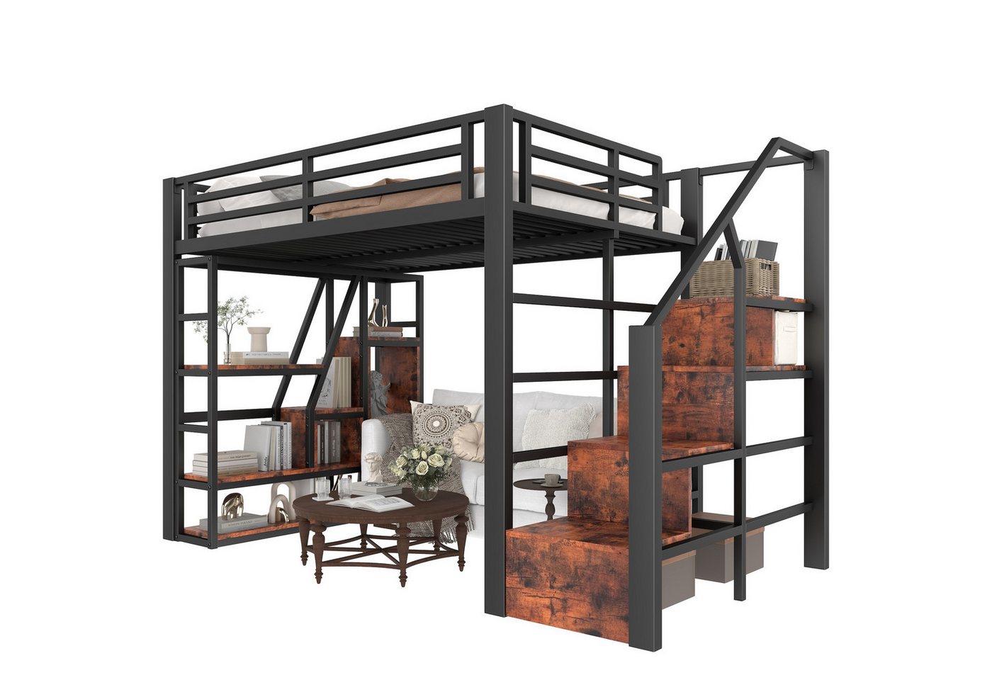 SOFTWEARY Hochbett mit Lattenrost und Regal (140x200 cm) Kinderbett mit Rausfallschutz, Metallbett von SOFTWEARY