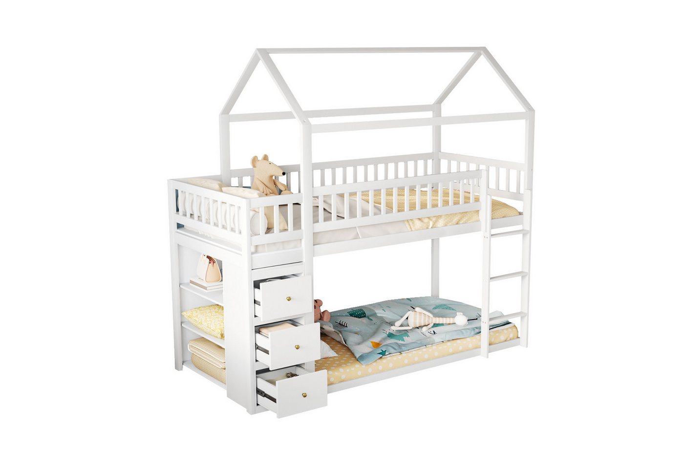 SOFTWEARY Etagenbett mit Lattenrost, Regal und Schubladen (90x200 cm), Kinderbett mit Rausfallschutz, Hausbett, Kiefer von SOFTWEARY