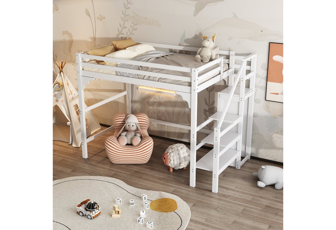 SOFTWEARY Hochbett mit Lattenrost und Treppe (140x200 cm) Kinderbett mit Rausfallschutz, Holzbett von SOFTWEARY