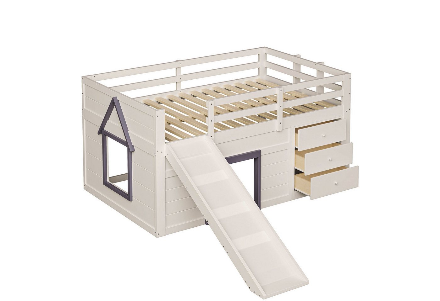 SOFTWEARY Hochbett mit Rutsche (140x200 cm, mit Lattenrost, Schubladen, Spielraum und Leiter) Kinderbett mit Rausfallschutz, Kiefer von SOFTWEARY