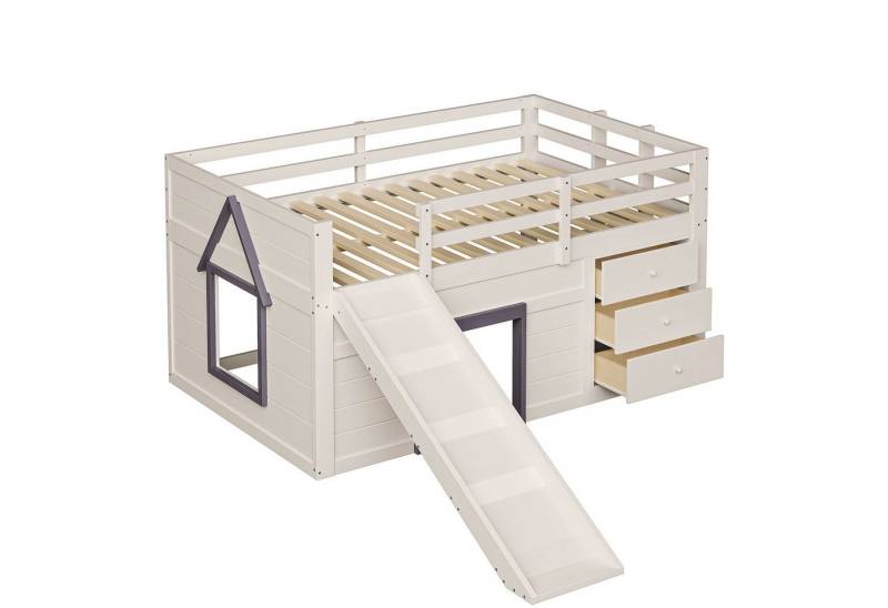 SOFTWEARY Hochbett mit Rutsche (140x200 cm, mit Lattenrost, Schubladen, Spielraum und Leiter) Kinderbett mit Rausfallschutz, Kiefer von SOFTWEARY