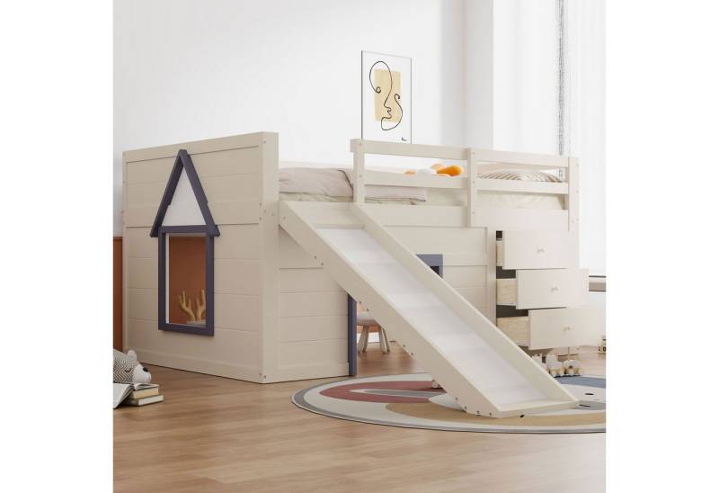 SOFTWEARY Hochbett mit Rutsche (140x200 cm, mit Lattenrost, Schubladen, Spielraum und Leiter) Kinderbett mit Rausfallschutz, Kiefer von SOFTWEARY