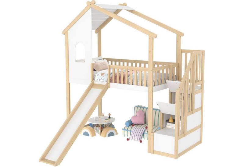 SOFTWEARY Hochbett mit Rutsche und Stauraum (90x200 cm) Kinderbett mit Rausfallschutz und Treppe, Spielbett, Kiefer von SOFTWEARY