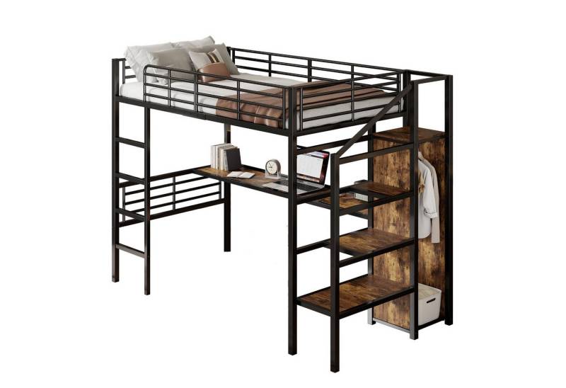 SOFTWEARY Hochbett mit Schreibtisch, Kleiderschrank und Lattenrost (90x200 cm) Metallbett mit Rausfallschutz von SOFTWEARY