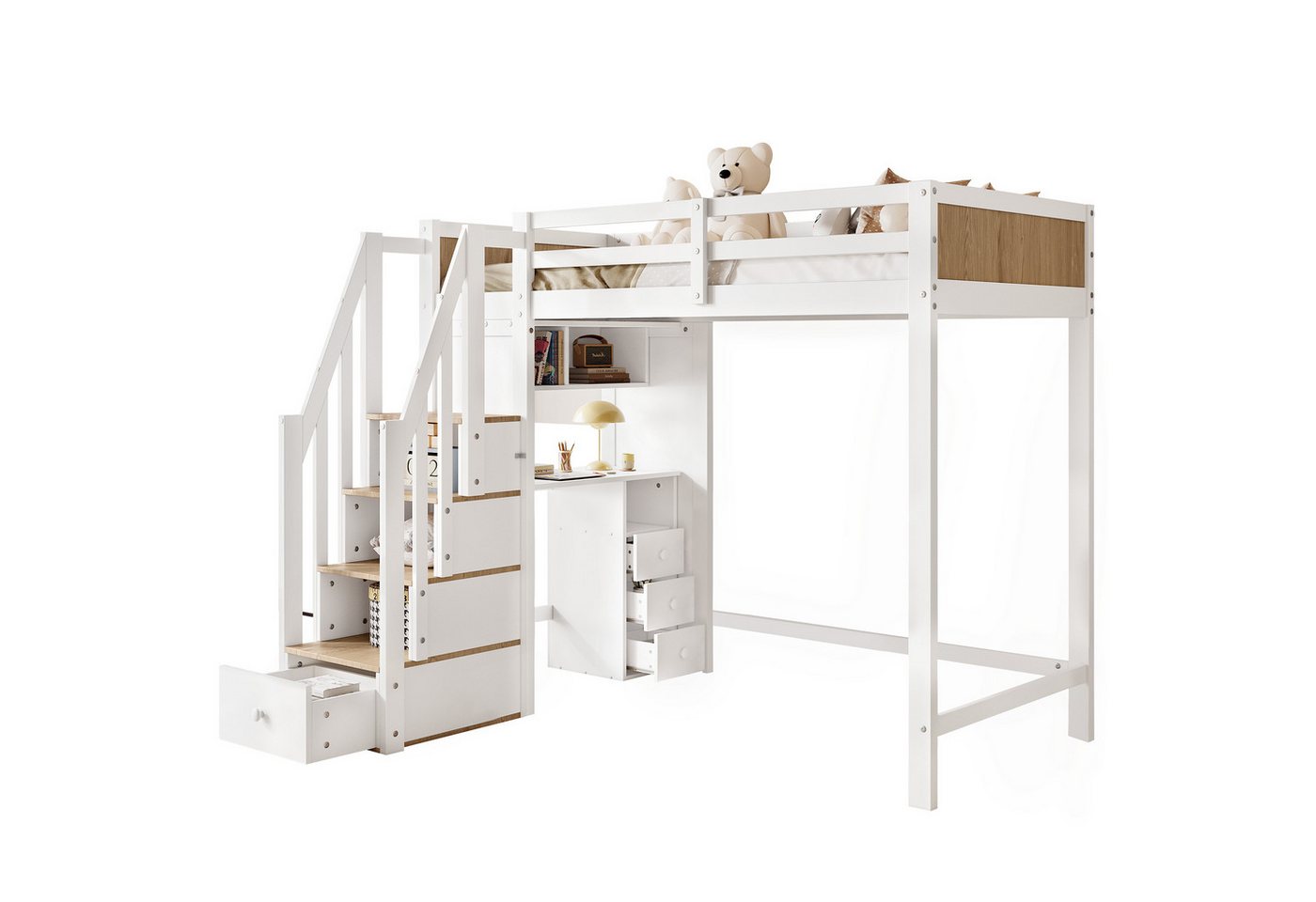 SOFTWEARY Hochbett mit Schreibtisch und Aufbewahrung (90x200 cm) Kinderbett mit Rausfallschutz, Kiefer von SOFTWEARY