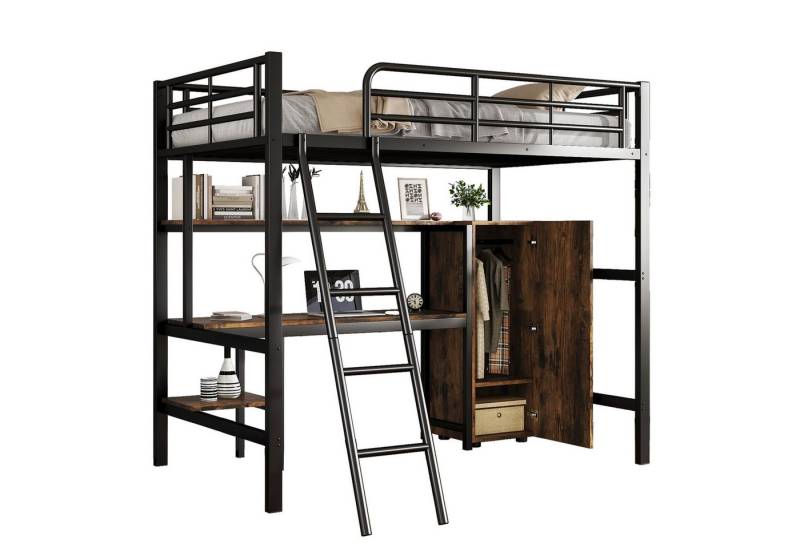 SOFTWEARY Hochbett mit Schreibtisch und Kleiderschrank (90x200 cm) Metallbett mit Rausfallschutz, Jugendbett von SOFTWEARY