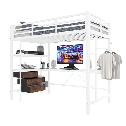 SOFTWEARY Hochbett mit Schreibtisch und LED-Beleuchtung, Metallbett mit Rausfallschutz, Jugendbett (90x200 cm, weiß) von SOFTWEARY
