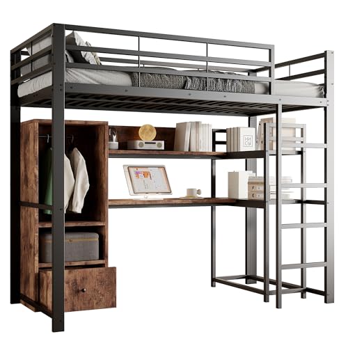 SOFTWEARY Hochbett mit Schreibtisch und LED-Beleuchtung, Metallbett mit Rausfallschutz, Jugendbett (schwarz-Holz, 90x200 cm) von SOFTWEARY