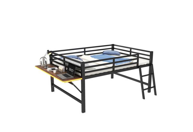 SOFTWEARY Hochbett mit Schreibtisch und LED-Beleuchtung (140x200 cm) Kinderbett mit Rausfallschutz und Leiter, Metallbett von SOFTWEARY